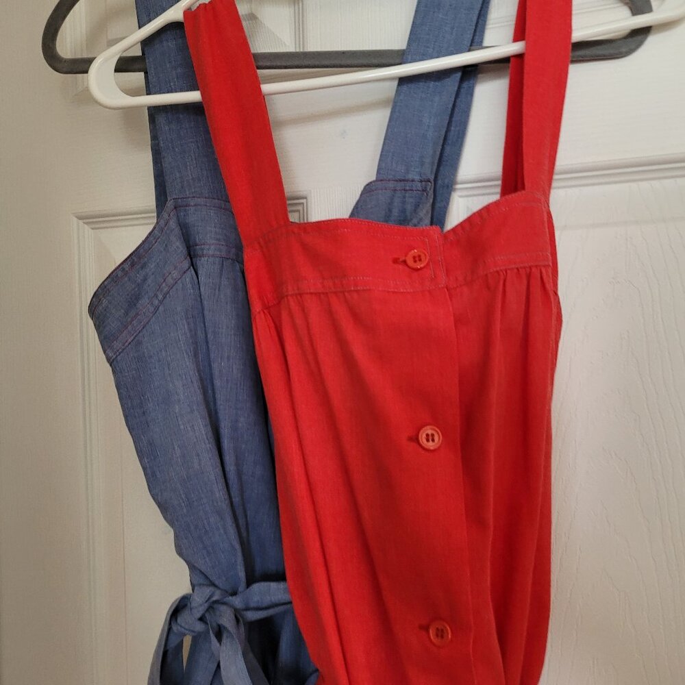 Two Vintage Dresses: Red and Blue Cotton Belted Smock Dresses - Picture 7 of 14